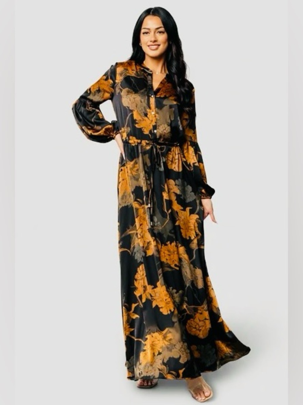 NWT Baltic Born Helen Maxi Dress XL Black Gold Floral Satin Tall Length
